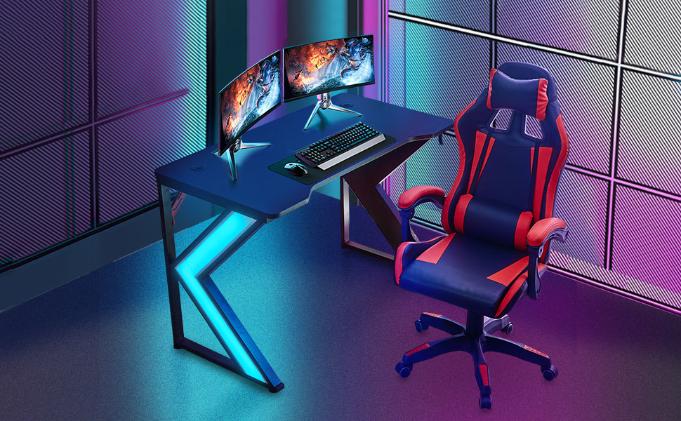 TUKAILAi Gaming Desk 110 x 60cm Computer Desk with LED Lights for Home Office K Shaped Carbon