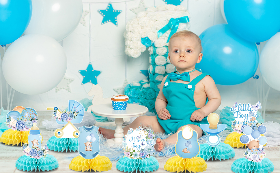 Baby Shower Centerpiece for Tables Boys 9PCS Blue Floral