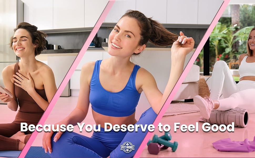 Three happy women with bands; one viewing workouts on phone, one smiling, one finished training.