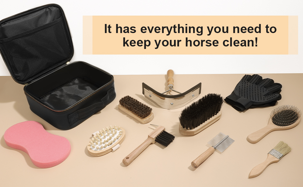 Ueemph Horse Grooming Kit ,10Piece, Black Storage Bag,Horse Brushes Set,Horse Sweat Scraper