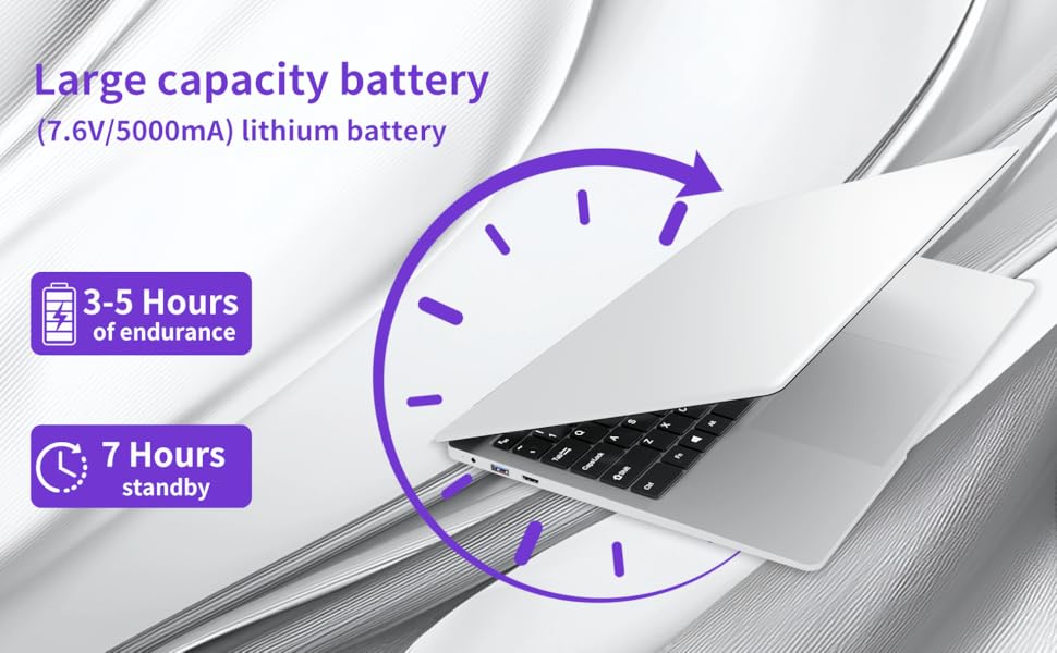 Le texte indique « Batterie de grande capacité » et « 3,5 à 7 heures en veille ». Illustration technique du produit montrant les indicateurs d'autonomie de la batterie avec des icônes d'horloge violettes.