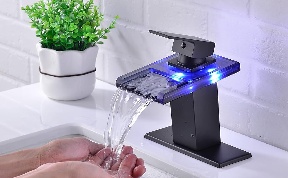 ICREEH LED Waterfall Bathroom Sink Faucet, 3 Colors Changing Glass