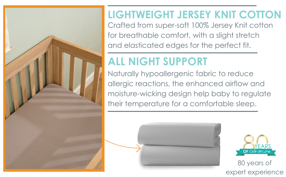 Clair de Lune 2 Pack Fitted Jersey Cotton Pram/Crib Sheets 90 x 40 cm