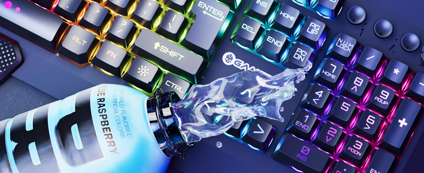 A bottle of Prime energy drink spilling on the keyboard.