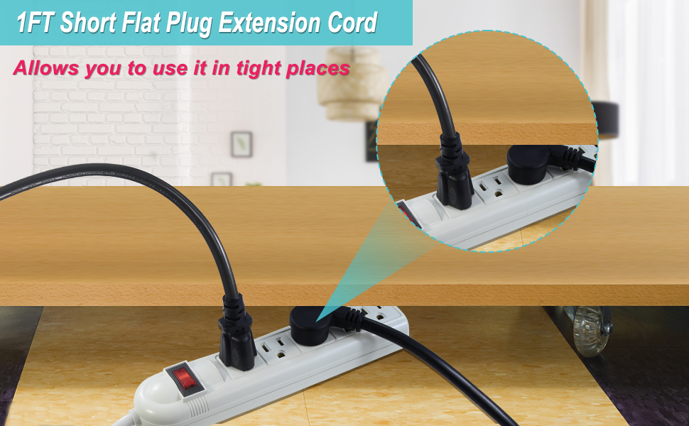 1Foot Flat Plug Short Power Extension Cord 1FT Black Low Profile Flat