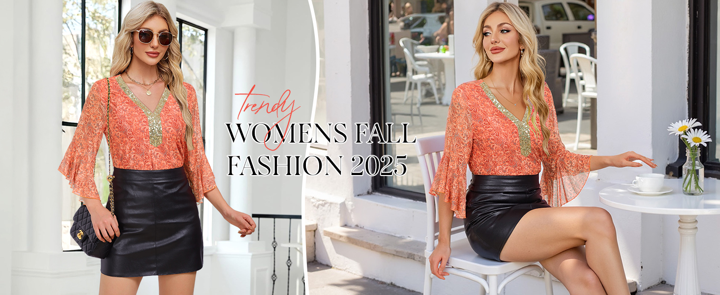 Womens Fall Tops Sparkly Holiday Party Christmas Outfits 3 4 Sleeve Blouses Dressy Casual