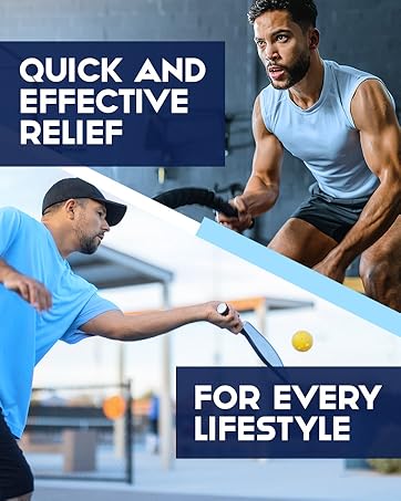 Quick and effective relief for every lifestyle. Man at gym and man at court playing pickleball.