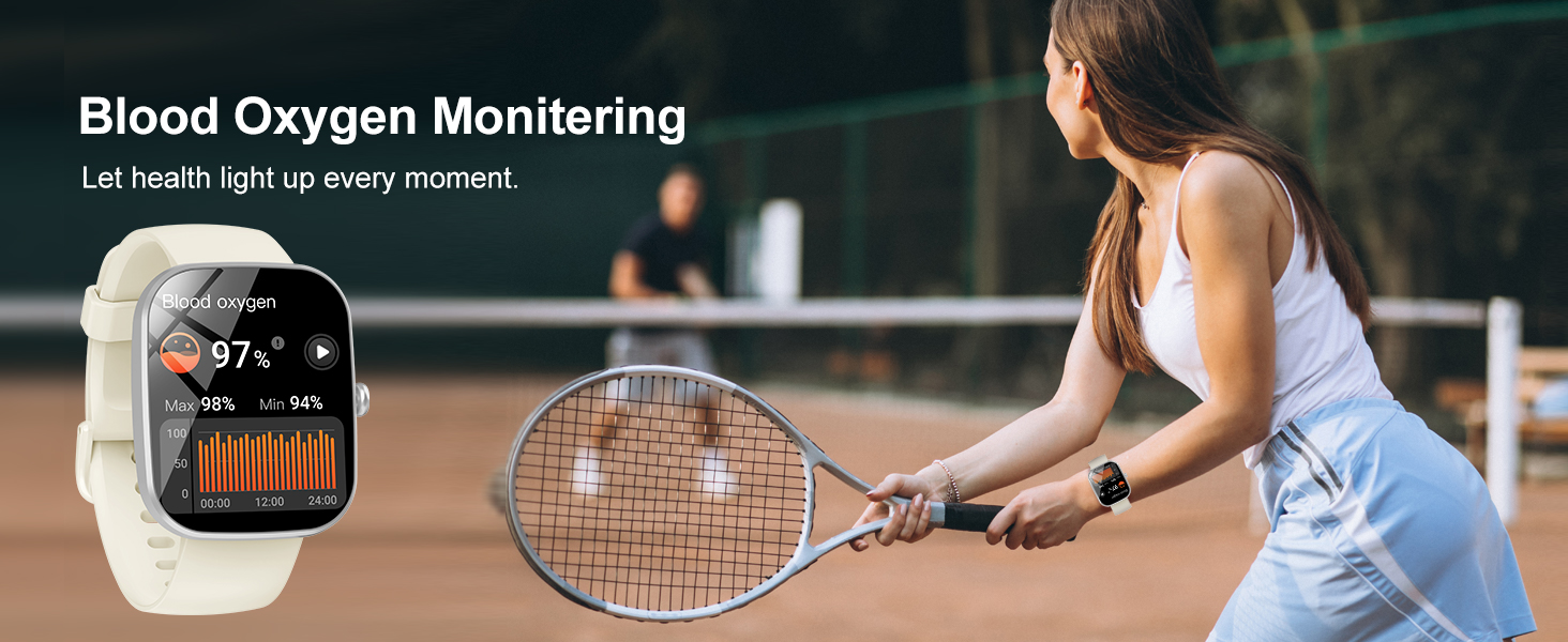 테니스 라켓을 사용하는 스포츠 상황에서 백분율 판독값과 그래프가 표시되는 혈중 산소 모니터링 인터페이스를 표시하는 스마트워치입니다.