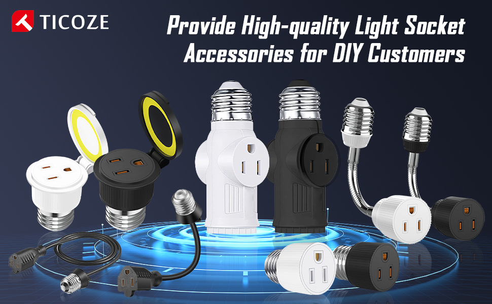 Ticoze E26/E27 Light Socket Adapter, 3 Prong Outlet Extender Adapter