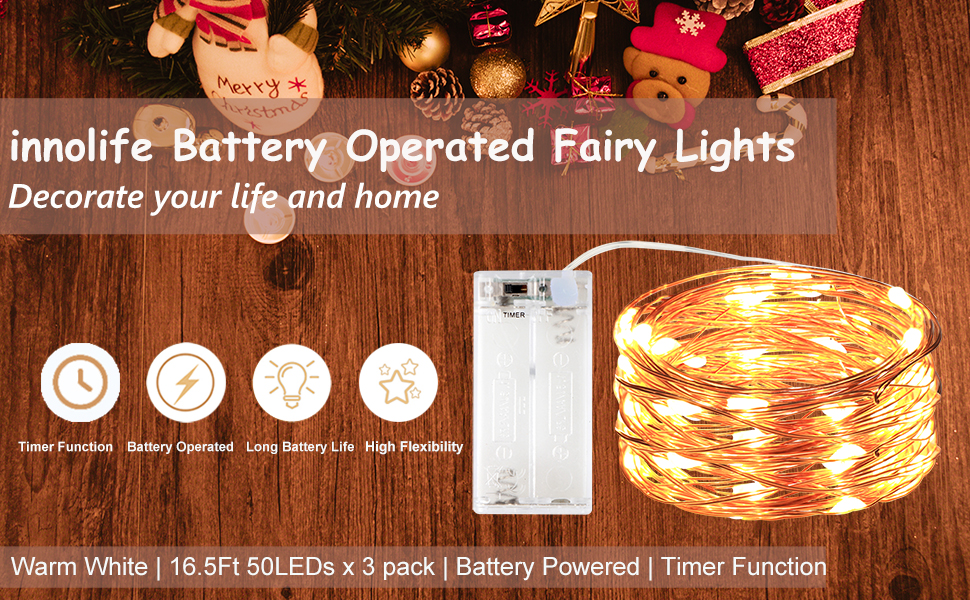 innolife Fairy Lights Battery Operated with Timer, 3 Pack 50 LED 2AA