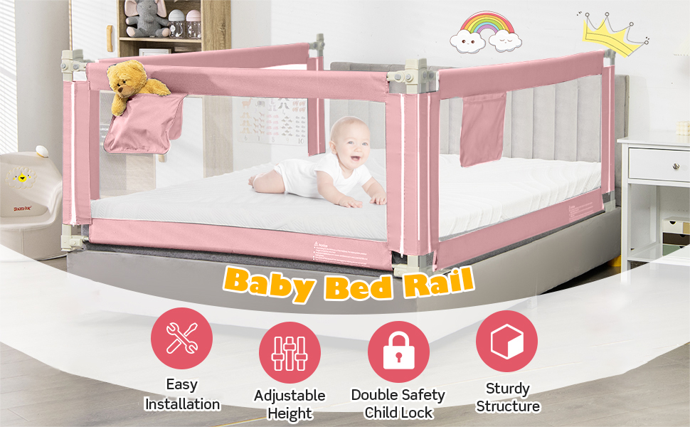 Pink bed rail safety guard with mesh sides and sturdy frame. Features include easy installation, adjustable settings, double safety locks, and sturdy structure.