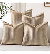 decorUhome Set of 4 Flannel Neutral Khaki Throw Pillow Covers 18x18 Inch, Decorative Plush Soft D...