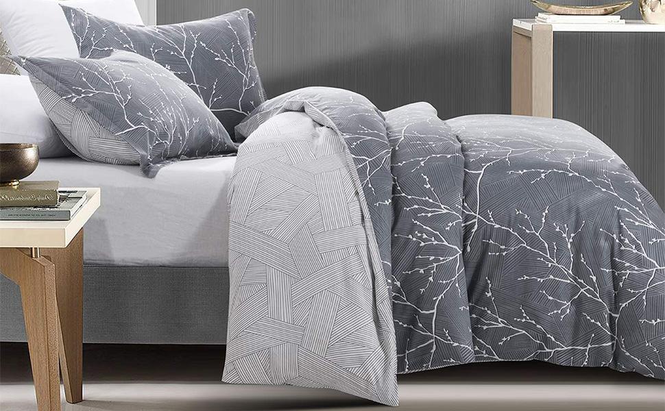 SexyTown Cotton Grey Comforter King Size,Gray and White Botanical Tree