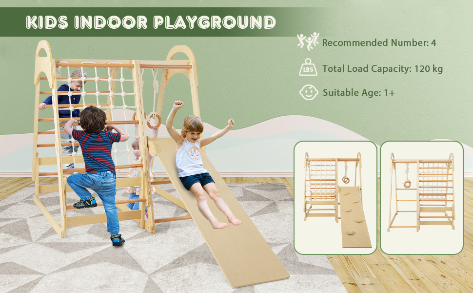 Text reads 'KIDS INDOOR PLAYGROUND'. Instructional diagram showing wooden climbing frame assembly with multiple configuration options and safety guidelines.