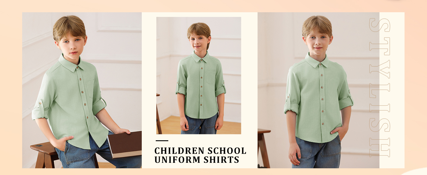 Boys' Long Sleeve Dress Shirts Classic Collared Button Down TShirt Solid Cotton Top with Pocket