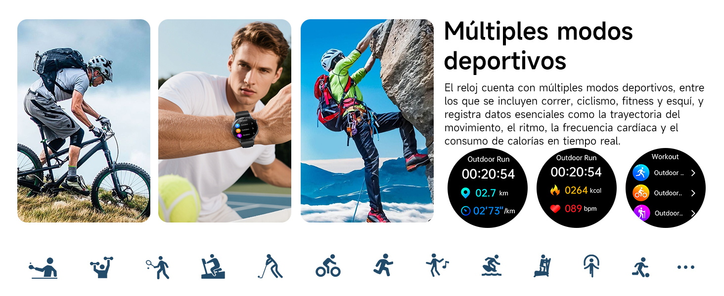 El texto dice «Múltiples estados de ánimo deportivos», seguido de imágenes de acción que muestran una caña de pescar en uso en varios entornos al aire libre.