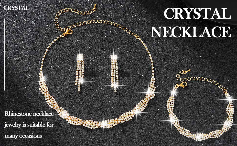 Crystal necklace set with matching earrings and bracelet on dark background. Rhinestone jewelry sparkles, suitable for various occasions.