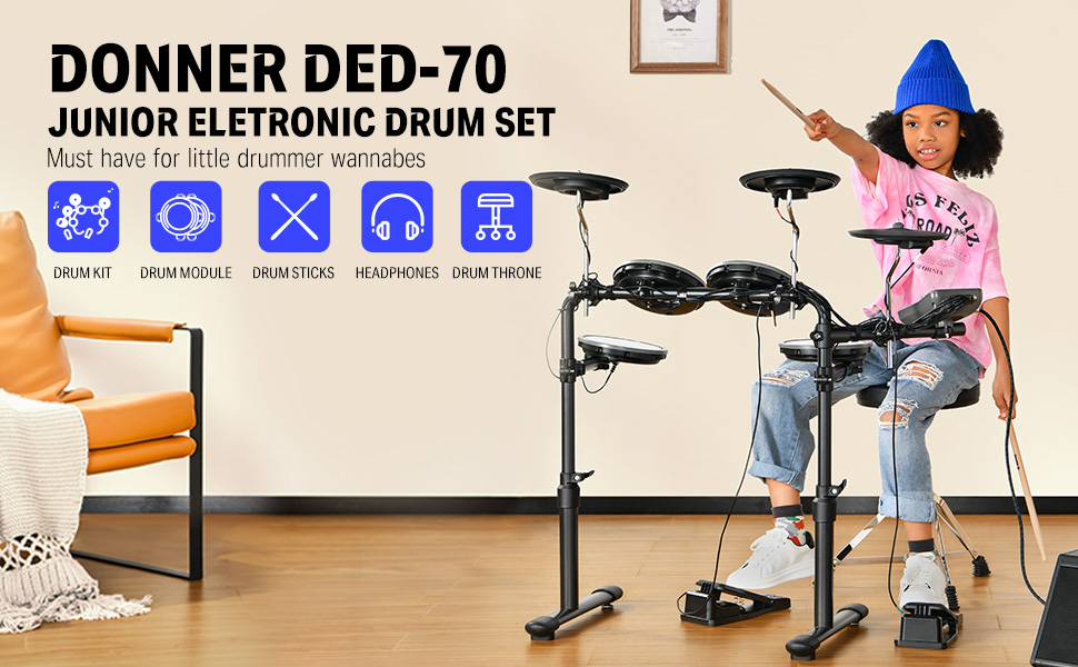Donner DED70 Electric Drum Set, Quiet Electronic Drum Kit for Beginner with Mesh Pad, Portable