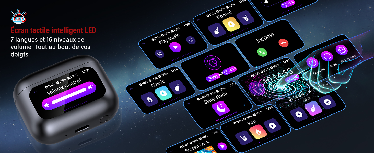 Écrans d'interface numérique montrant les commandes et les menus du système multimédia de voiture illuminés en violet et bleu sur fond noir.