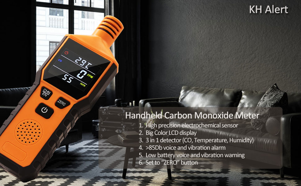 KH Alert Handheld Carbon Monoxide Meter, Portable Carbon Monoxide Detector Battery Powered