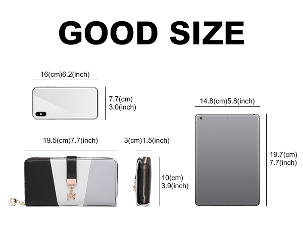 Text reads 'GOOD SIZE' followed by a size comparison diagram showing dimensions and measurements of various rectangular objects.