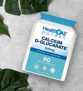 White bottle of calcium D-glucarate supplement on a white surface with green leaves in the background. Label shows 'HealthyHey' brand name.