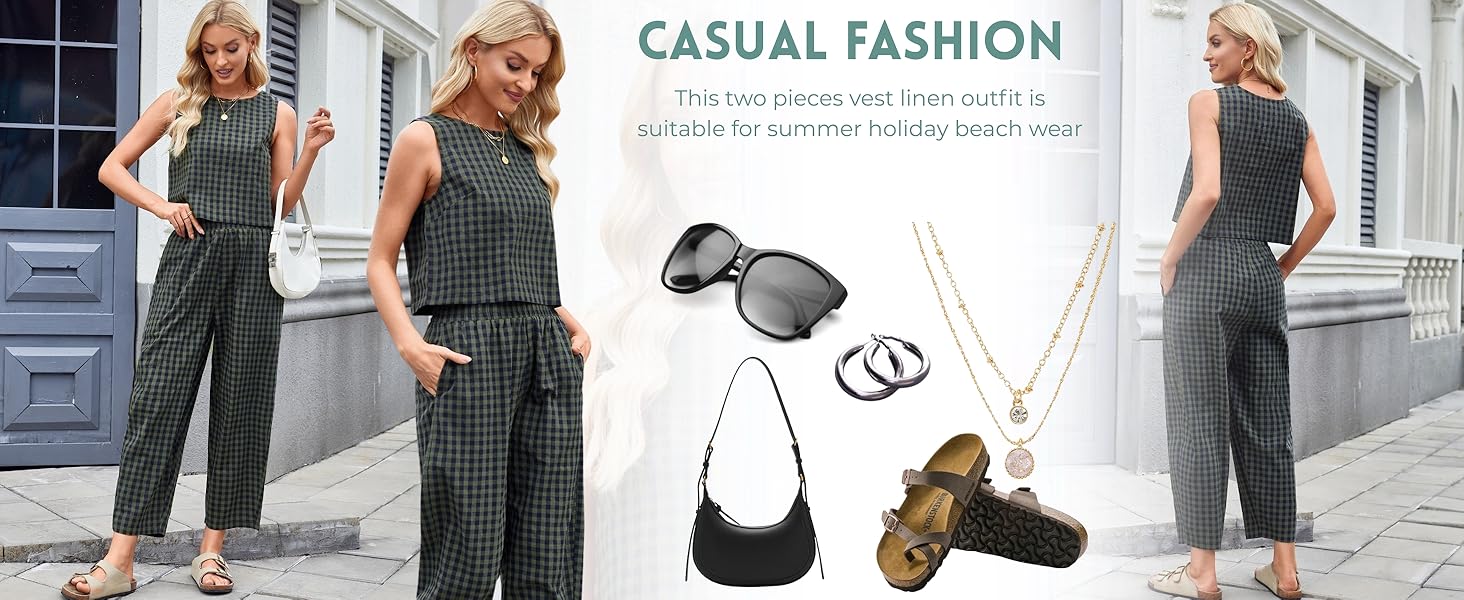 Sleeveless checkered jumpsuit with wide legs, paired with accessories including sunglasses, necklace, handbag, and sandals. Model shown in three poses wearing the outfit.