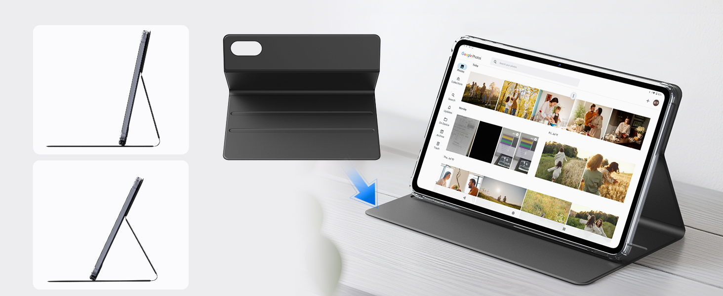Multiple views of a tablet stand or holder, showing various viewing angles and positions for device display on flat surfaces.