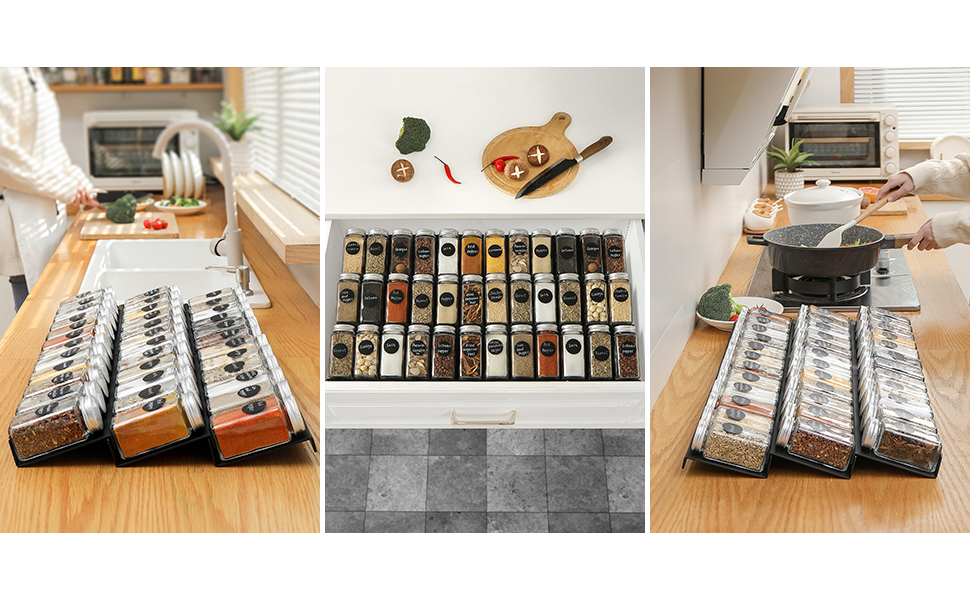 Famhap Spice Drawer Organizer, 6 Tier Expandable from 29.5cm to 59cm Seasoning Rack Tray Insert