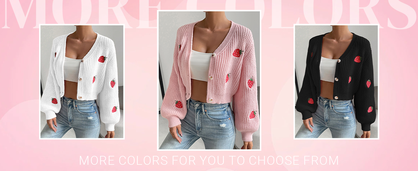 Women Strawberry Embroidery Crop Cardigan Drop Shoulder Button Up Sweater Tops V Neck Outerwear
