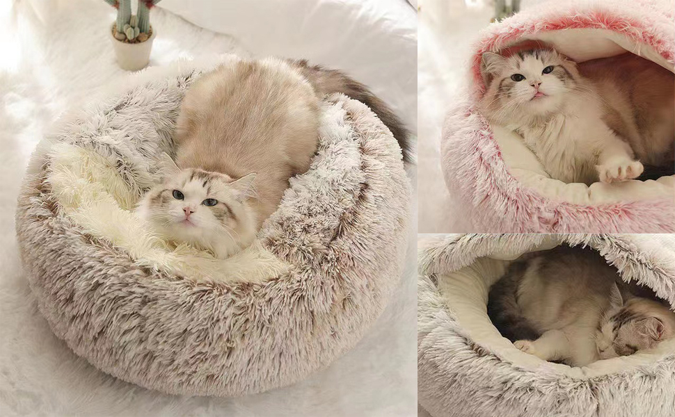 Anti-Anxiety Cat Bed, Plush Hooded Cave, 20 in Diameter, Suitable for Small to Medium Pets