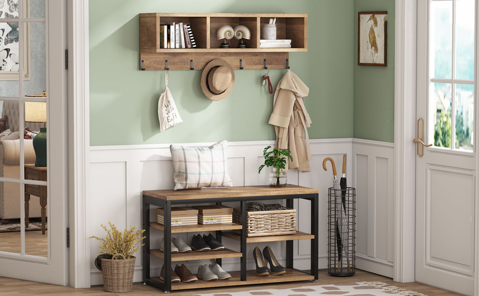 LITTLE TREE Set Coat Shoe Rack entryway Bench, Black+Oak