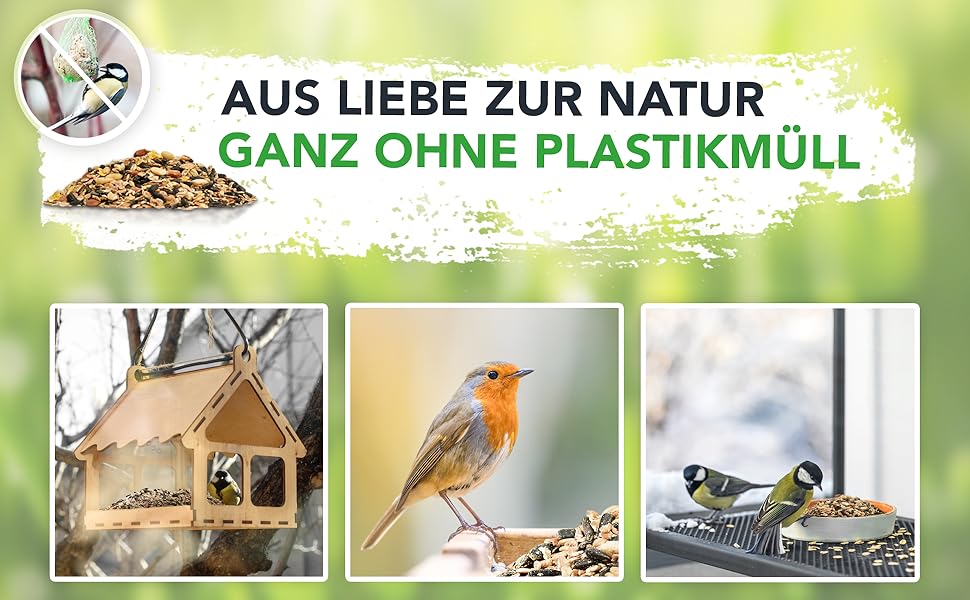 Naturfreundliche Vogelfütterungssammlung mit Vogelhäuschen und Futterhäuschen aus Holz mit Vögeln, die das plastikfreie Umweltengagement unterstreicht.