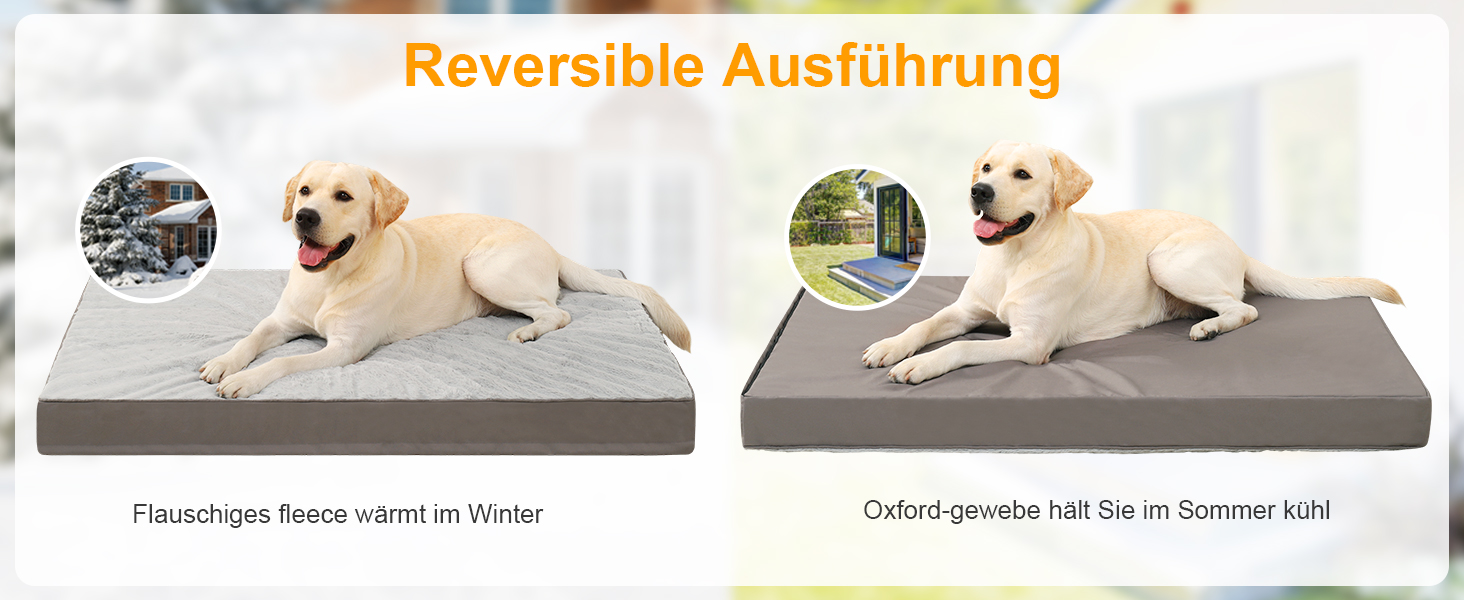 Der Text lautet „Reversible Ausführung“. Geteiltes Bild, das zwei Ansichten eines Produkts in unterschiedlichen Konfigurationen mit hellem und dunklem Hintergrund zeigt.