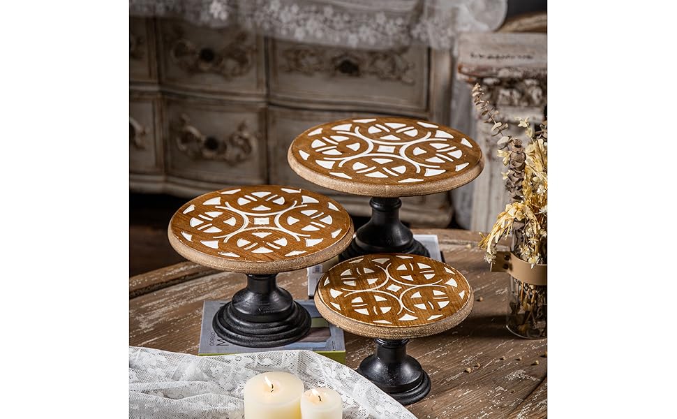 Cake Stand 12 Inch Round Wood with Black Pedestal Stand