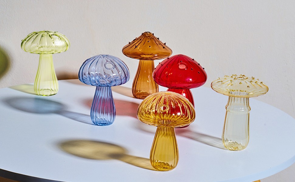 Juego de mini jarrones de cristal de colores con forma de hongo