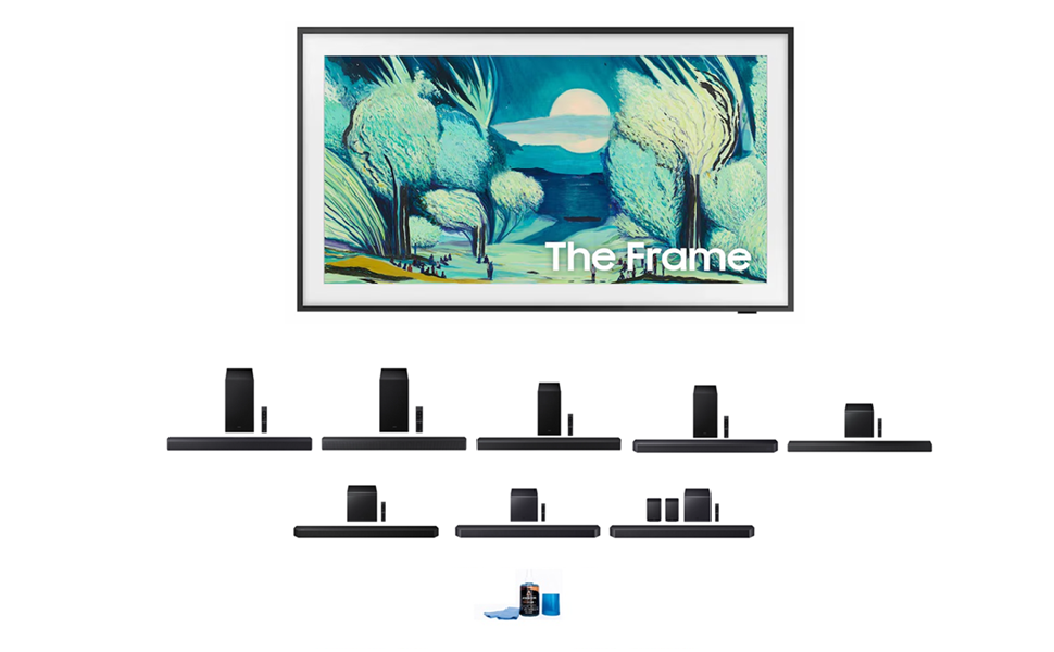 Samsung The Frame TV with Samsung Soundbar and Amber Screen Cleaner