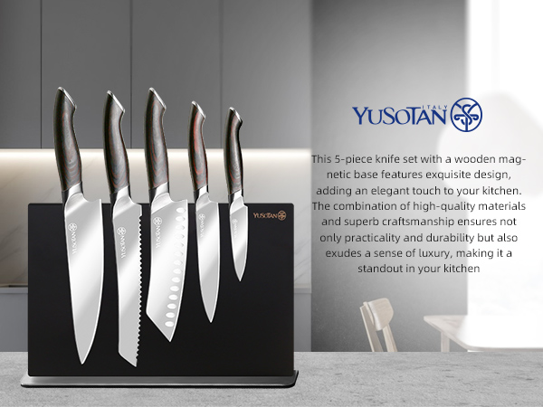 kitchen knife set with a wooden magnetic knife holder