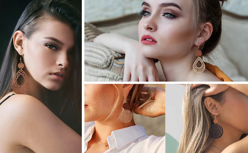 Vintage Wooden Geometric Leather Earrings