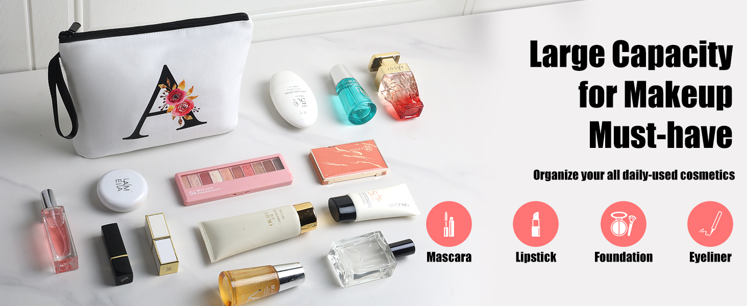 Text reads 'Large Capacity for Makeup' and 'Must-have'. Collage of makeup organizer features showing compartments and storage capabilities.