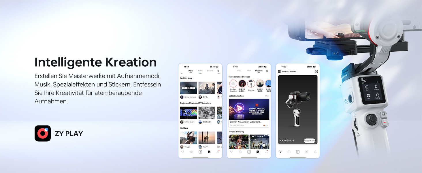 Präsentation der Benutzeroberfläche für mobile Apps mit mehreren Screenshot-Bildschirmen einer digitalen Plattform mit Navigations- und Inhaltsanzeigefunktionen.