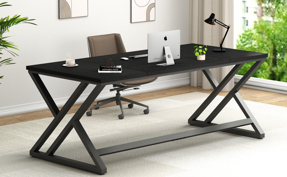 LVB Black Long Computer Desk, Large Industrial Pc Study Home Office Desk, Modern Wood Metal  desk