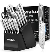 Text includes 'Verre Trempé'. Marketing image showing a Damascus steel knife set with a knife block holder in black finish.