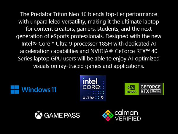 Predator Triton Neo 16; Intel; Ultra laptop; 16 inch gaming; RTX 40 Series; Advanced Optimus