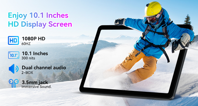 Text reads 'Enjoy 10.1 Inches HD Display Screen', '1080P HD', 'Dual channel audio'. Technical specifications shown alongside images of a tablet device displaying winter sports content.