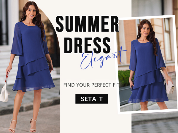 Seta T Women's Chiffon Dresses 3/4 Bell Sleeve Crewneck