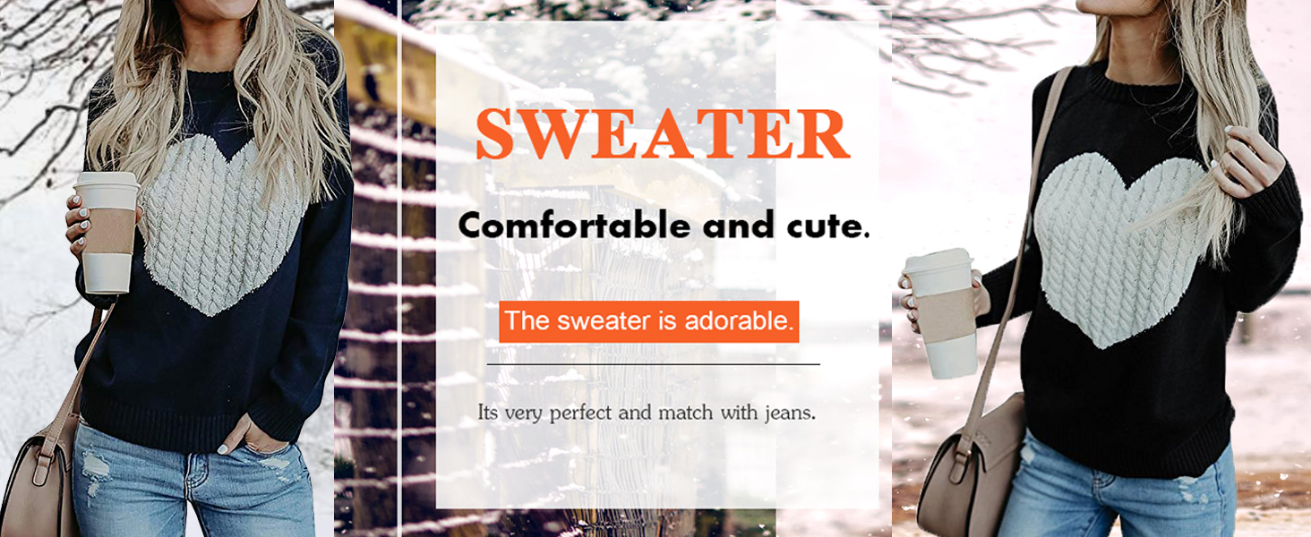 Womens Sweaters Long Sleeve Crewneck Front Ribbed Knitted Cute Heart Sweater Pullover