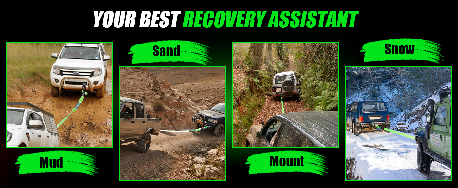 Off-road vehicle recovery advertisement showing four scenarios: vehicles navigating through mud, sand, mountain terrain, and snow conditions.