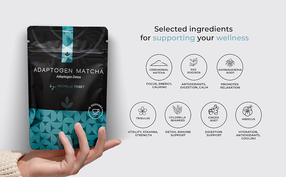 e2d43a95-1f44-442b-984d-ec5431855861.__CR0,0,1940,1200_PT0_SX970_V1___ Michelle Peiret Adaptogen Ceremonial Grade Matcha Tea with Ashwagandha & Ginger Root, Perfect Coffee Substitute, Premium Blend, 15 Servings
