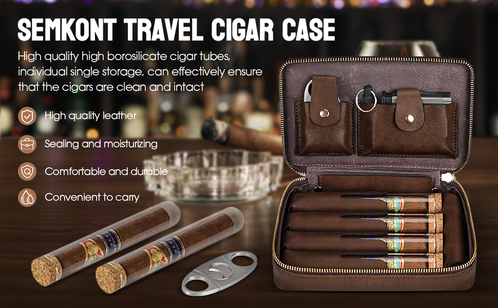 SEMKONT Travel Cigar Humidor Portable Travel Cigar Case with 4 Cigar Tube, Leather